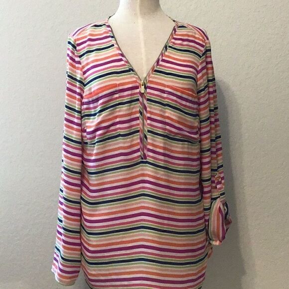 Zac & Rachel Multi Color Stripe Tunic Top Zipper V Neck Roll Tab Sleeve Size L - Picture 1 of 12